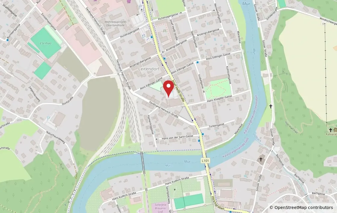 Kartenausschnitt von Leoben-Leitendorf: Der rote Pin markiert Lerneum an der Josef-Heißl-Straße 40